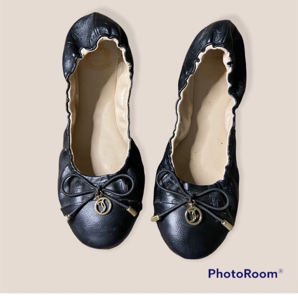 Juicy Couture Black Ballet Flats, Faux Leather, Size 9.